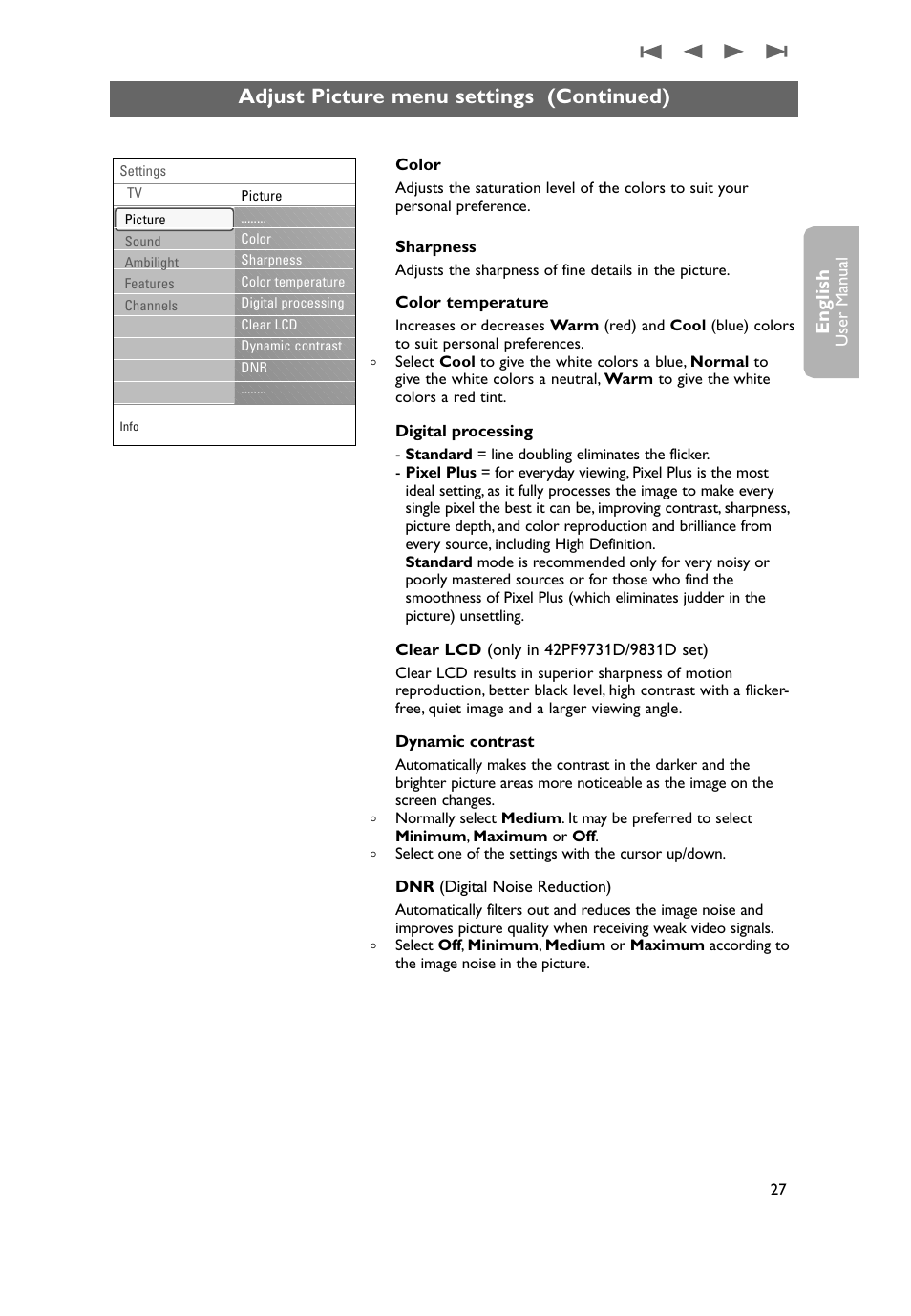 Adjust picture menu settings (continued), English | Philips 50PF9731D-37 User Manual | Page 29 / 68