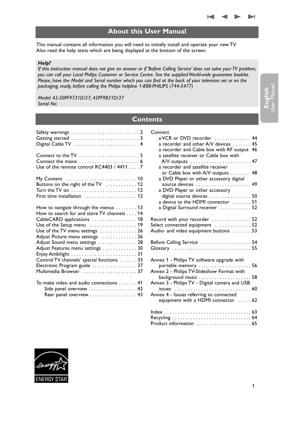 Philips 50PF9731D-37 User Manual | Page 3 / 68