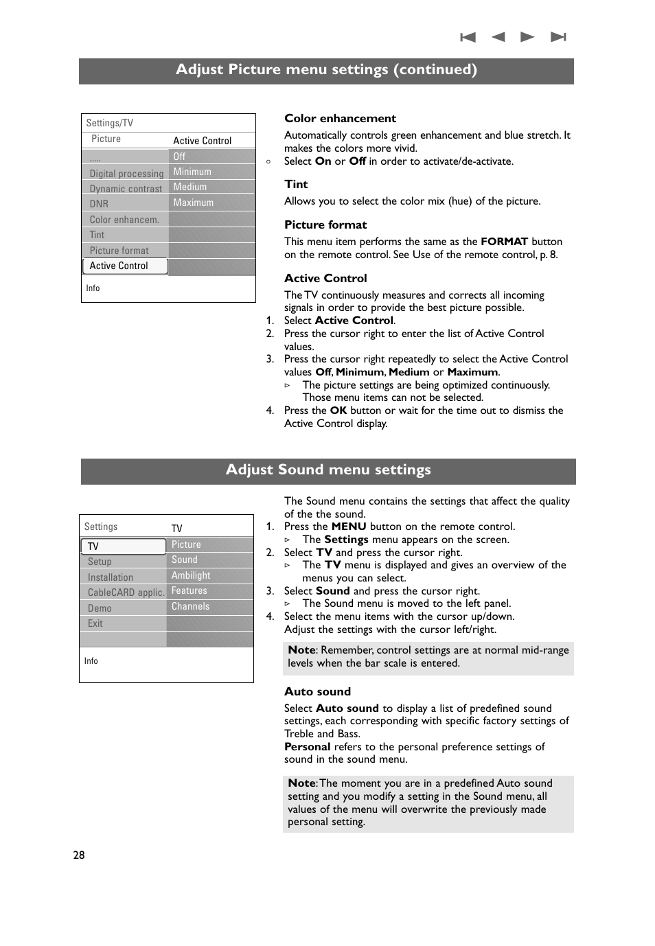 Adjust sound menu settings, Adjust picture menu settings (continued) | Philips 50PF9731D-37 User Manual | Page 30 / 68