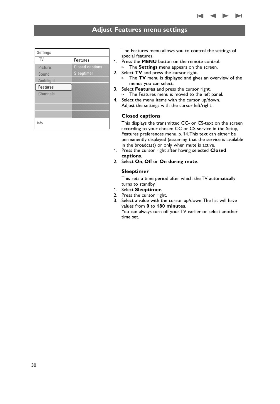 Adjust features menu settings | Philips 50PF9731D-37 User Manual | Page 32 / 68