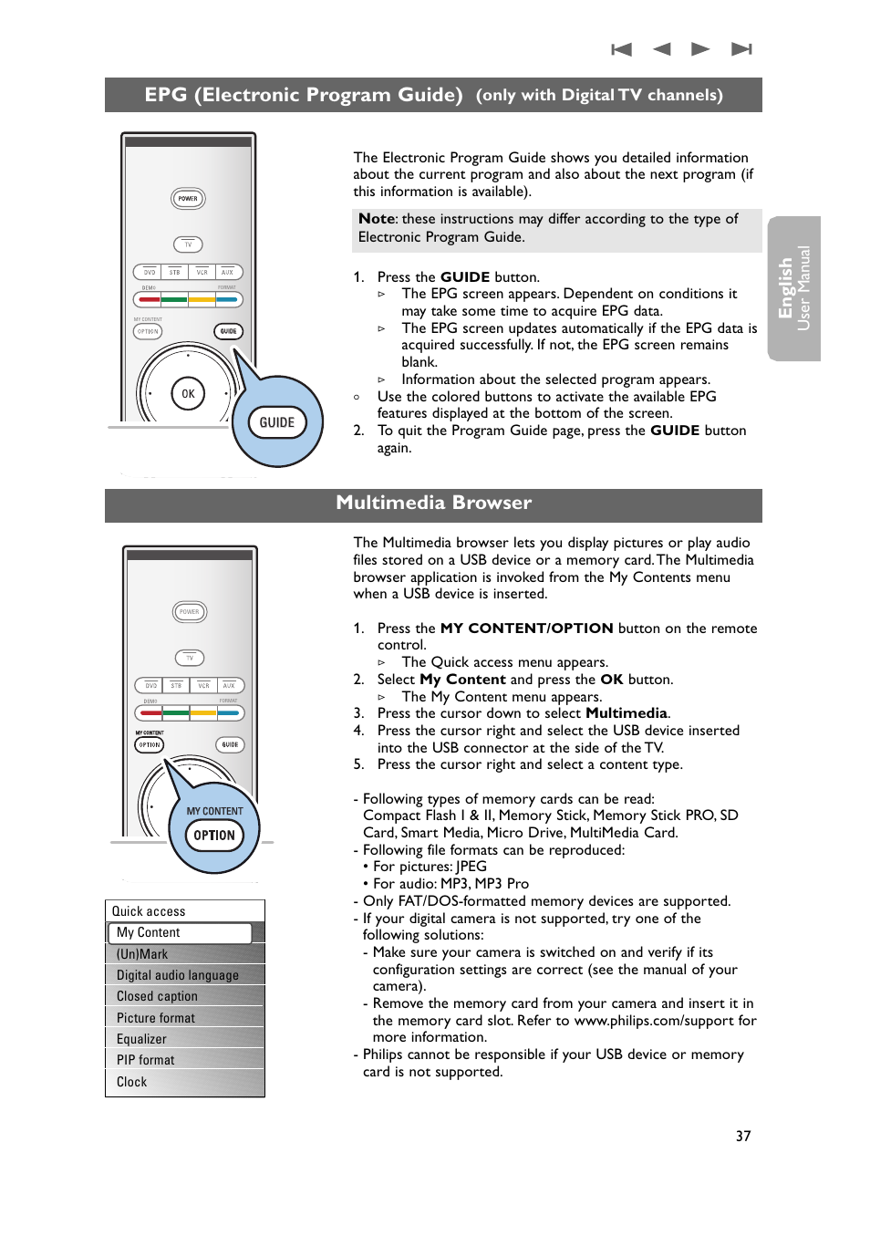 Electronic program guide multimedia browser, Multimedia browser, Epg (electronic program guide) | English, User man ual, Only with digital tv channels) | Philips 50PF9731D-37 User Manual | Page 39 / 68