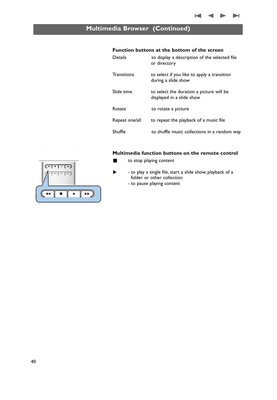 Multimedia browser (continued), Function buttons at the bottom of the screen, Multimedia function buttons on the remote control | Philips 50PF9731D-37 User Manual | Page 42 / 68