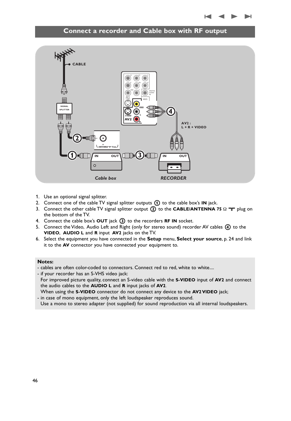 A recorder and cable box with rf output 46, Connect a recorder and cable box with rf output, Jack 3 to the recorders | Input, Input of, And connect the audio cables to the, Input jacks of, When using the, Connector do not connect any device to the | Philips 50PF9731D-37 User Manual | Page 48 / 68