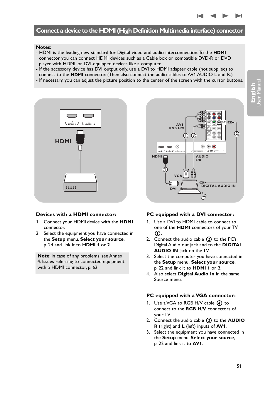 A device to the hdmi connector, English, Hdmi | User man ual, Devices with a hdmi connector, Pc equipped with a dvi connector, Pc equipped with a vga connector, Connect your hdmi device with the, Use a dvi to hdmi cable to connect to one of the, Use a vga to rgb h/v cable 4 to connect to the | Philips 50PF9731D-37 User Manual | Page 53 / 68