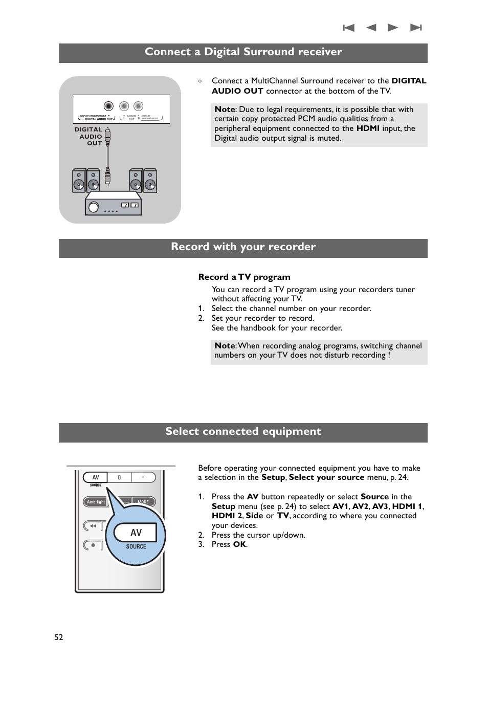 A digital surround receiver, Select connected equipment, Connect a digital surround receiver | Record with your recorder, Record a tv program, Connect a multichannel surround receiver to the, Connector at the bottom of the tv, Input, the digital audio output signal is muted | Philips 50PF9731D-37 User Manual | Page 54 / 68