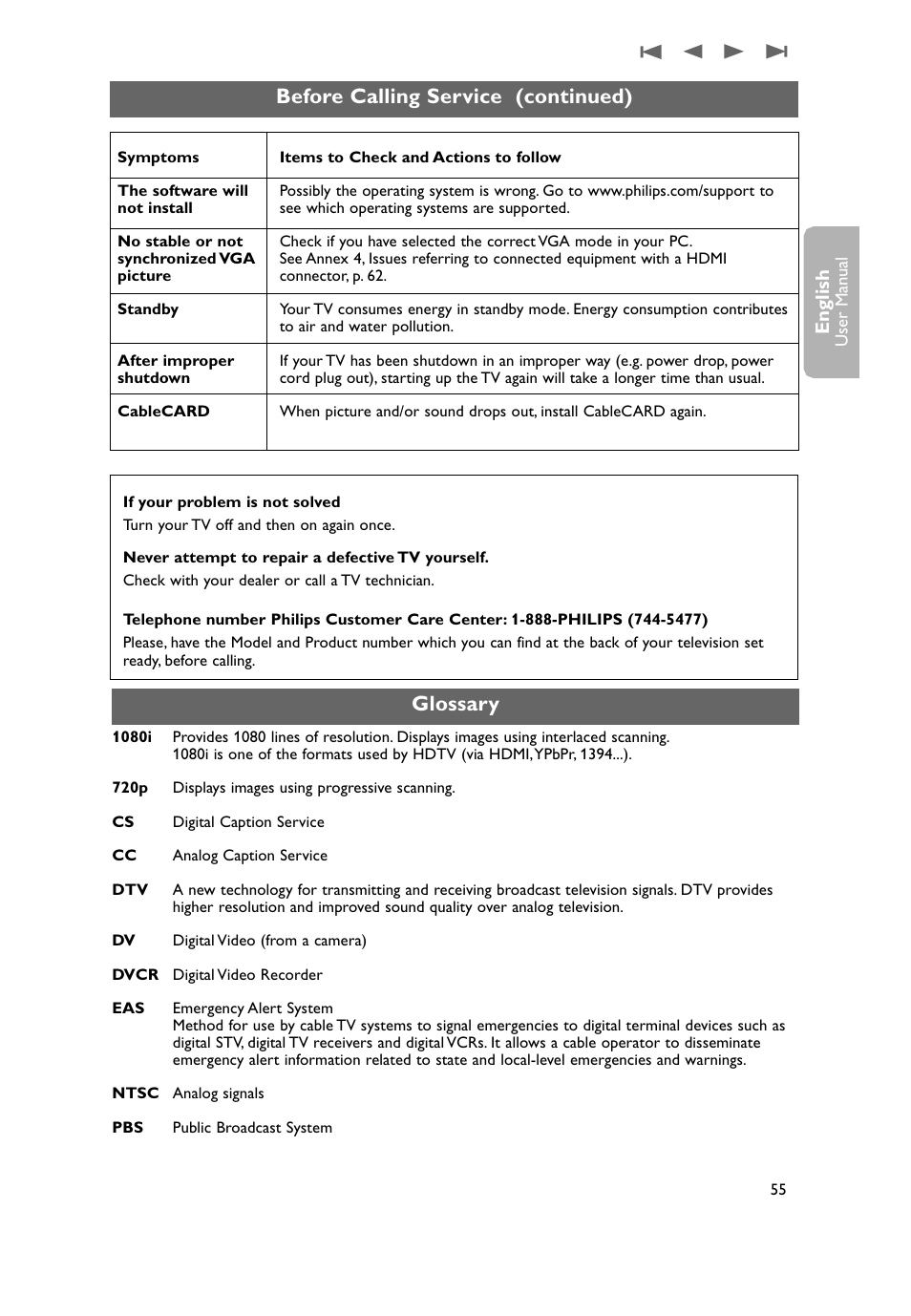 Glossary, Before calling service (continued), English | Philips 50PF9731D-37 User Manual | Page 57 / 68