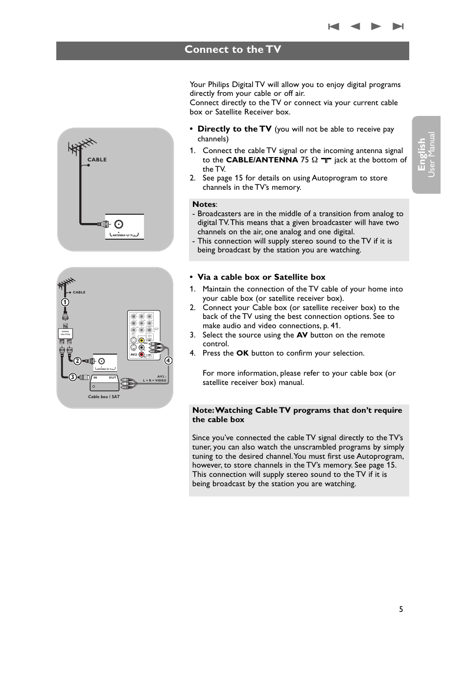 Connect to the tv, English, User man ual | Directly to the tv, Via a cable box or satellite box, Button on the remote control. 4. press the, Cable/antenna | Philips 50PF9731D-37 User Manual | Page 7 / 68
