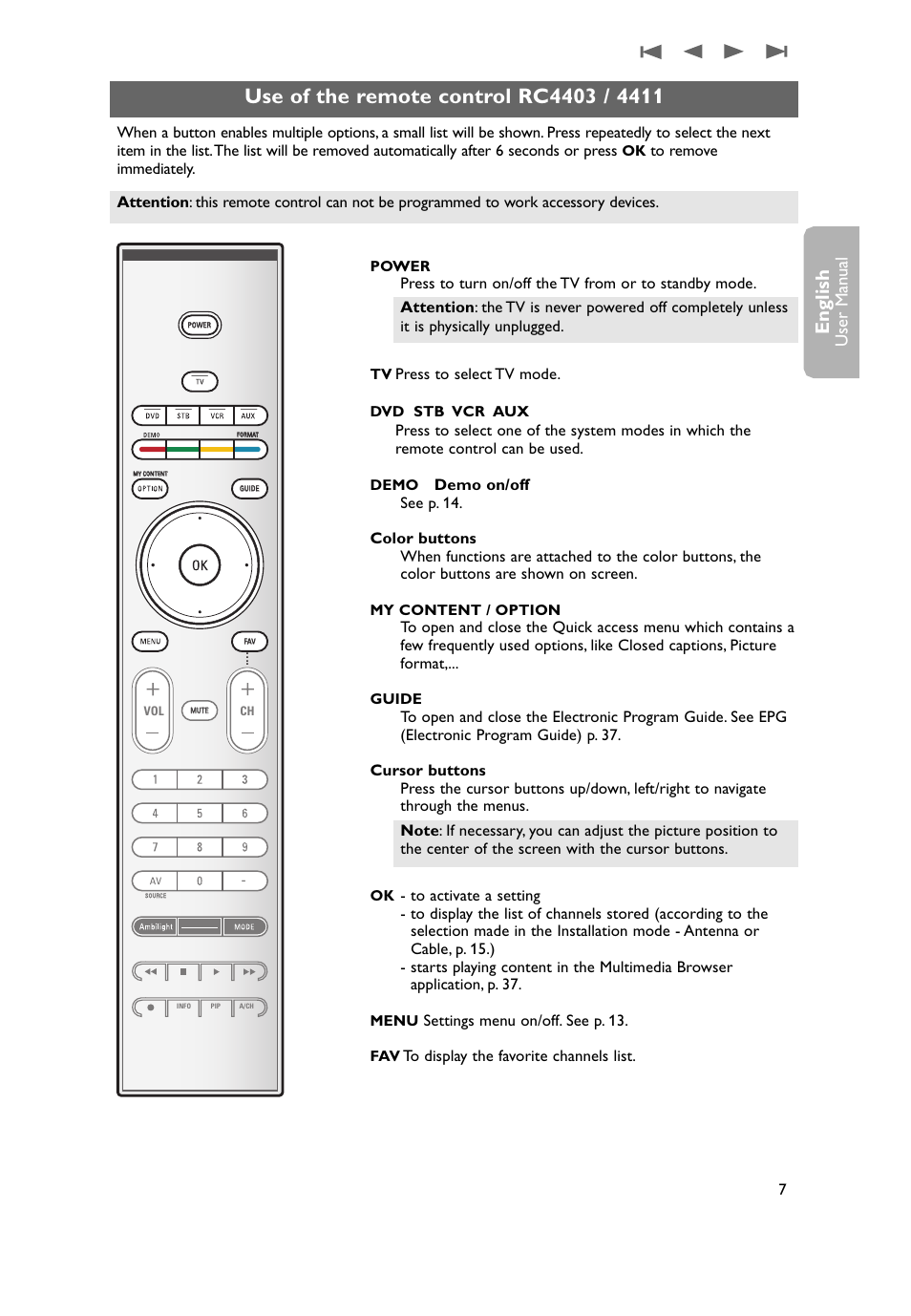 Use of the remote control rc4403 / 4411, English, User man ual | Philips 50PF9731D-37 User Manual | Page 9 / 68