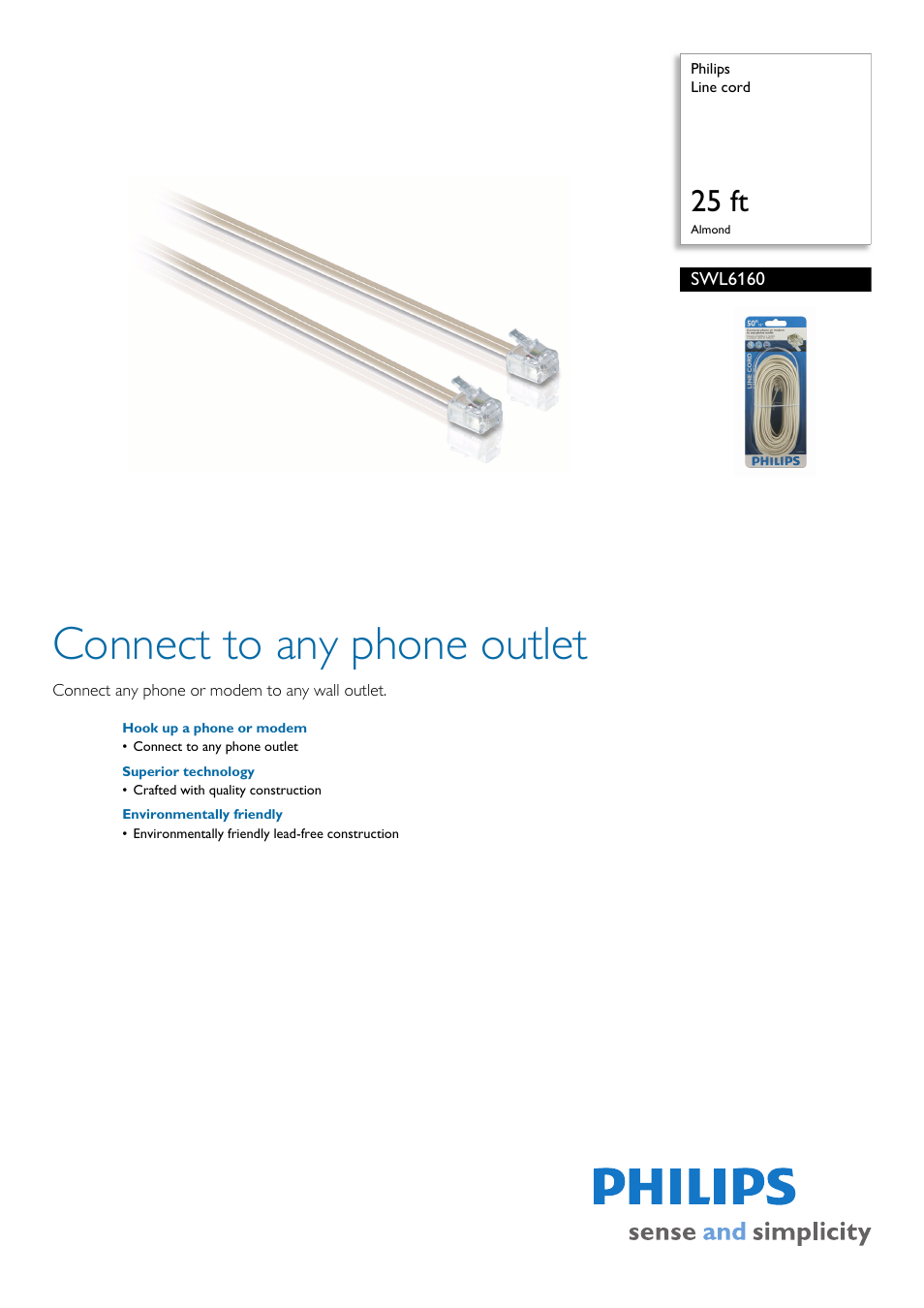 Philips Line cord SWL6160 25 ft Almond User Manual | 2 pages