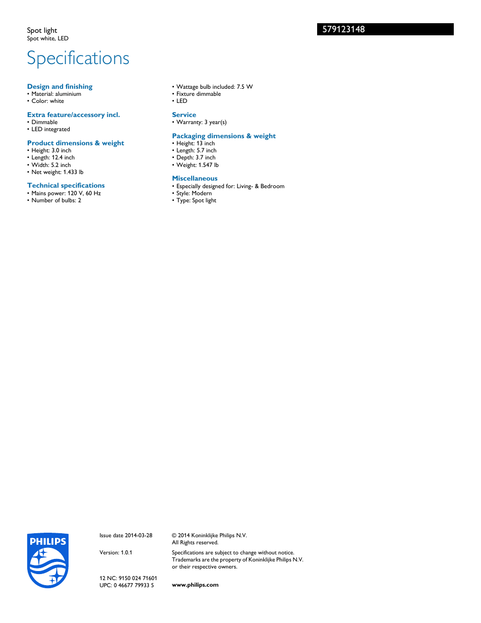 Specifications | Philips 579123148 User Manual | Page 2 / 2