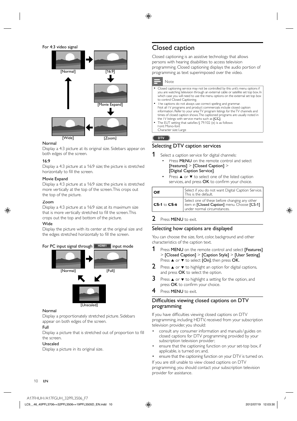 Closed caption, Selecting dtv caption services, Selecting how captions are displayed | Philips LCD TV 32PFL3506 81cm-32" digital TV with Digital Crystal Clear User Manual | Page 10 / 15