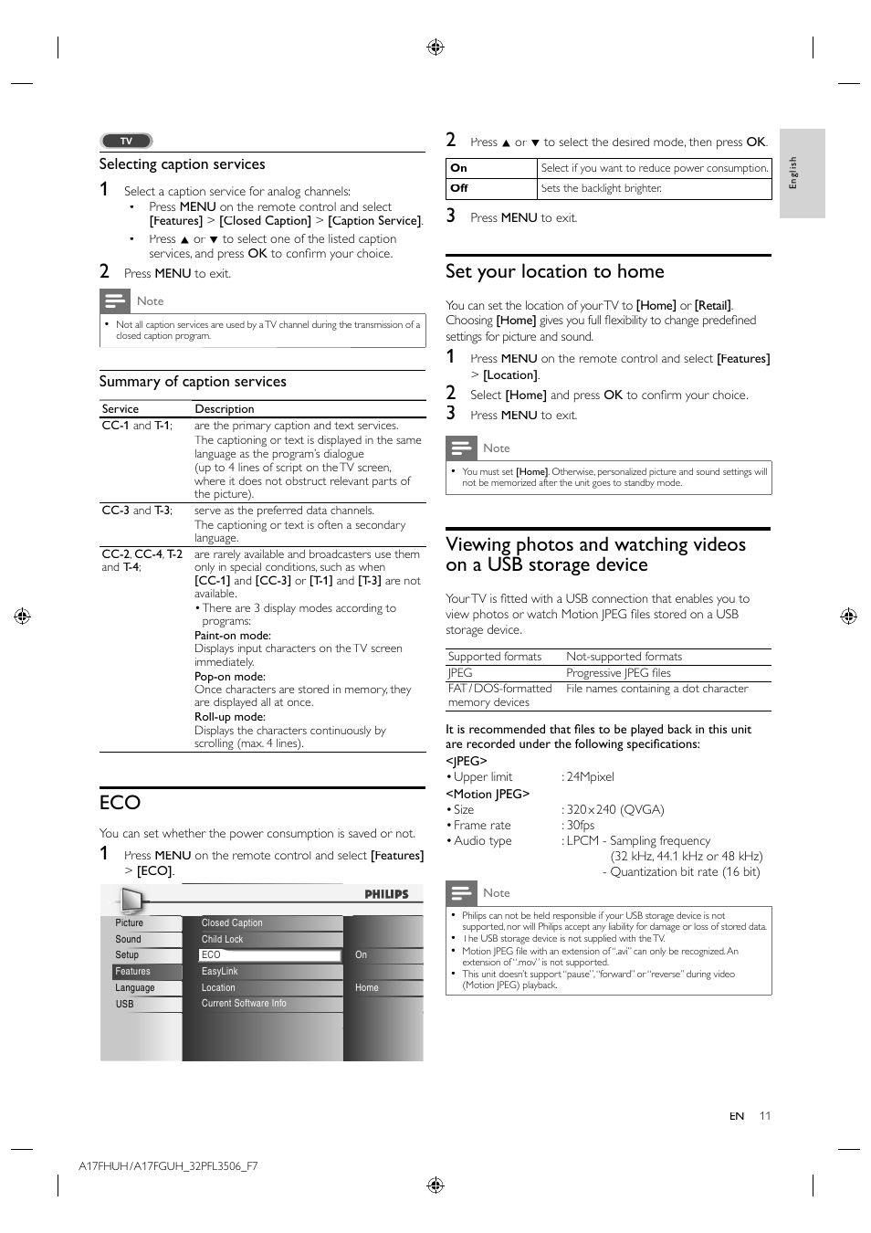 Set your location to home, Selecting caption services, Summary of caption services | Philips LCD TV 32PFL3506 81cm-32" digital TV with Digital Crystal Clear User Manual | Page 11 / 15