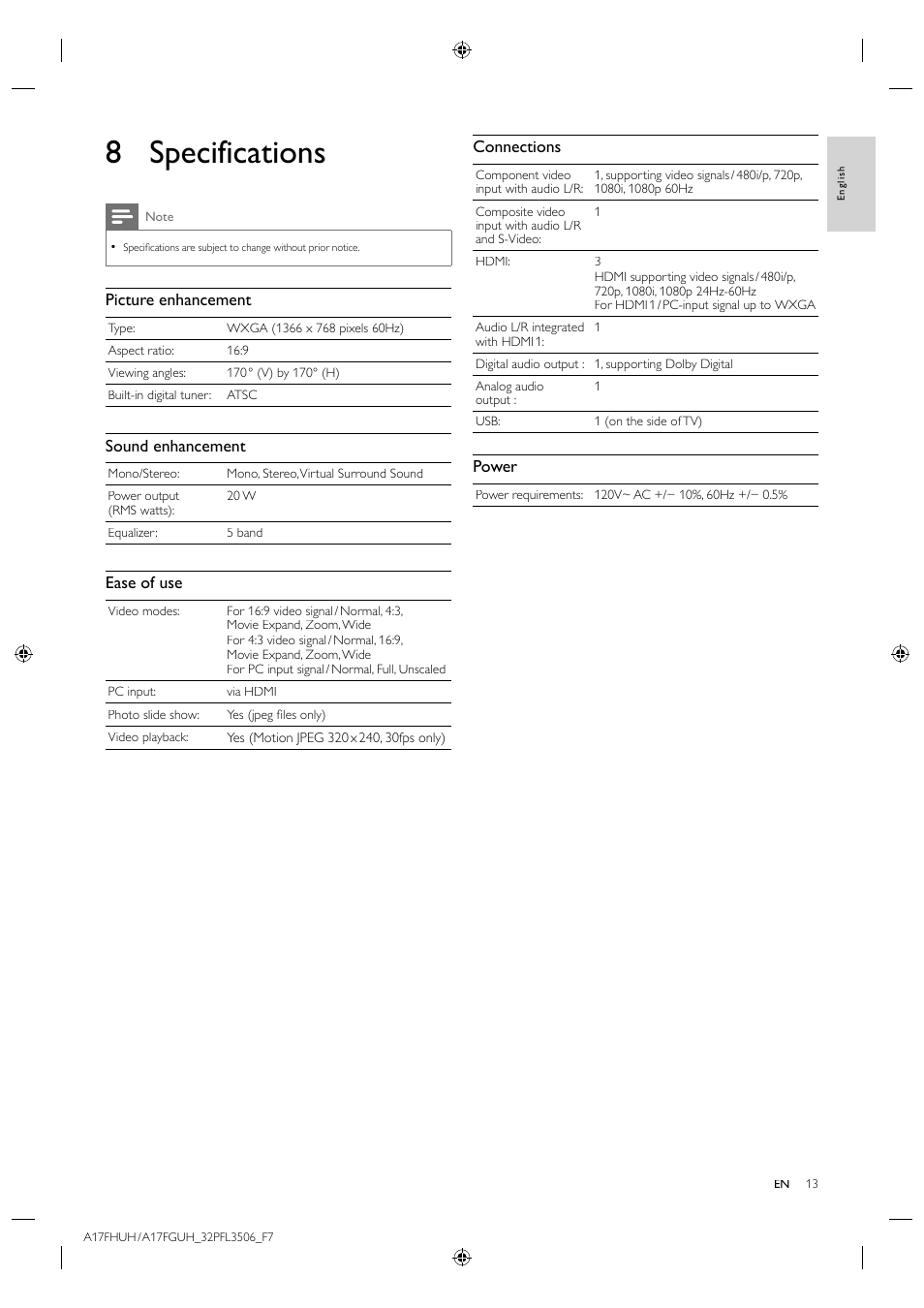 8 specifications, Picture enhancement, Sound enhancement | Ease of use, Connections, Power | Philips LCD TV 32PFL3506 81cm-32" digital TV with Digital Crystal Clear User Manual | Page 13 / 15