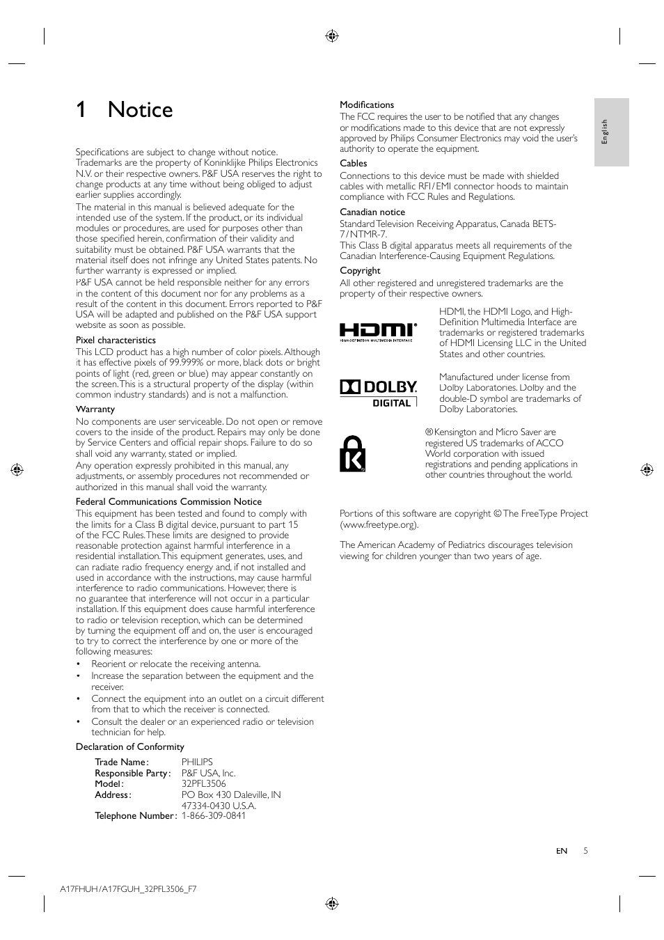 1 notice | Philips LCD TV 32PFL3506 81cm-32" digital TV with Digital Crystal Clear User Manual | Page 5 / 15