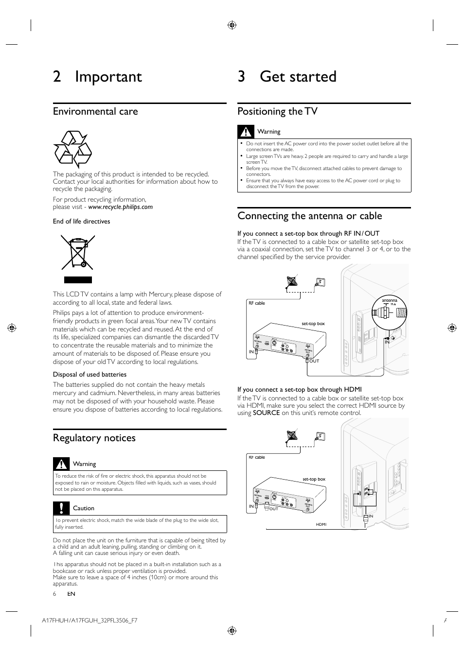 2 important, Environmental care, Regulatory notices | 3 get started, Positioning the tv, Connecting the antenna or cable | Philips LCD TV 32PFL3506 81cm-32" digital TV with Digital Crystal Clear User Manual | Page 6 / 15