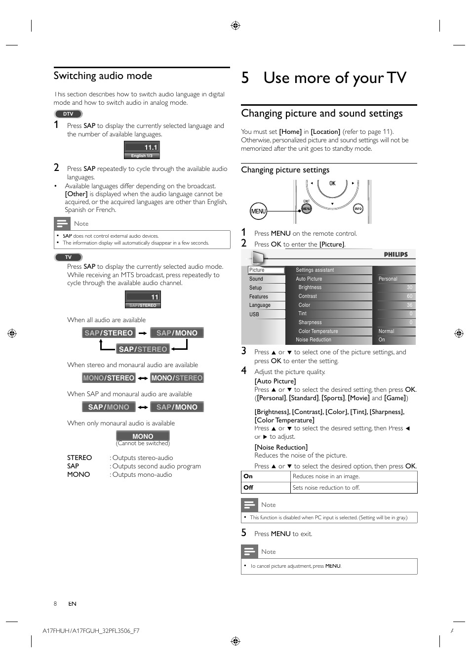 Switching audio mode, 5 use more of your tv, Changing picture and sound settings | Changing picture settings | Philips LCD TV 32PFL3506 81cm-32" digital TV with Digital Crystal Clear User Manual | Page 8 / 15