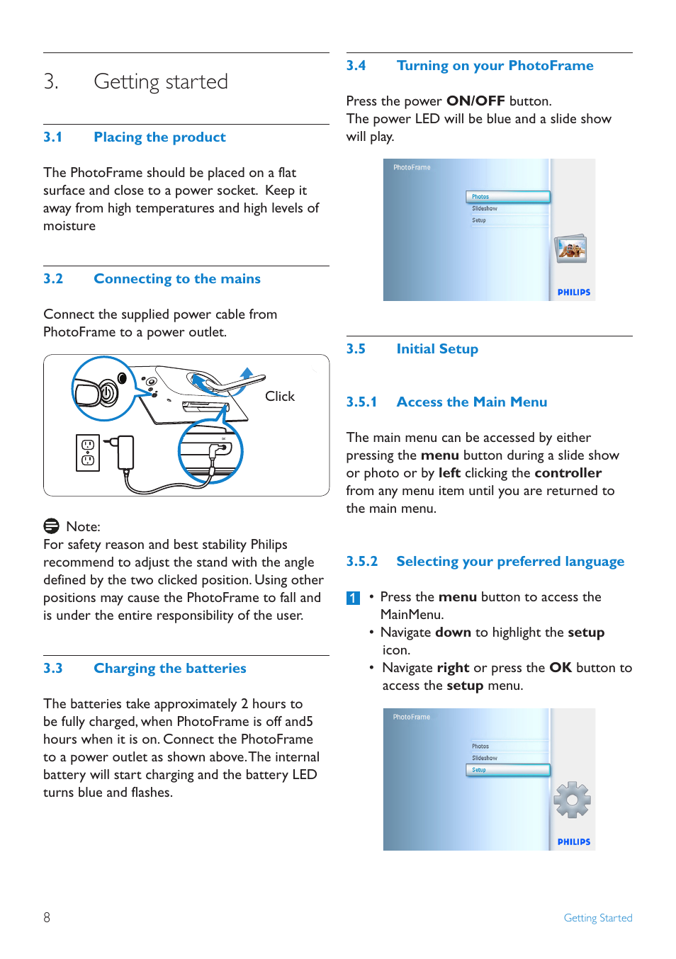 Getting started, 1 placing the product, 2 connecting to the mains | 3 charging the batteries, 4 turning on your photoframe, 5 initial setup | Philips 10FF2CMW-27B User Manual | Page 10 / 60