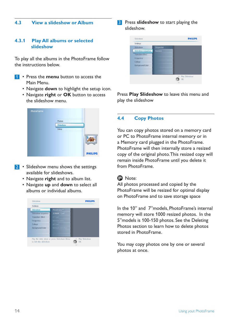 3 view a slideshow or album, 4 copy photos | Philips 10FF2CMW-27B User Manual | Page 16 / 60