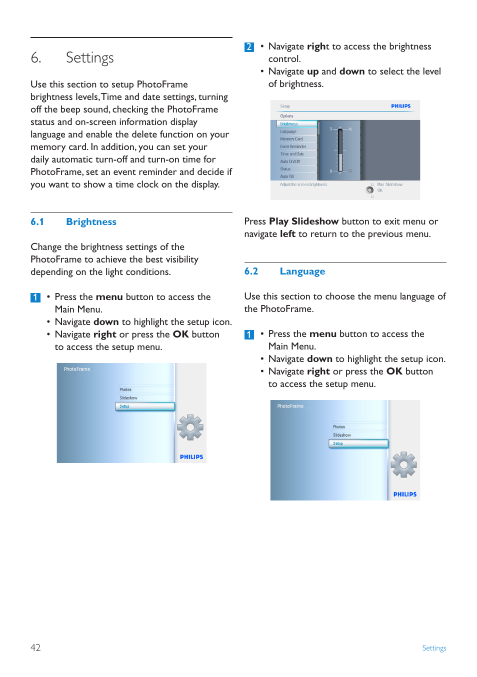 Settings, 1 brightness, 2 language | Philips 10FF2CMW-27B User Manual | Page 44 / 60