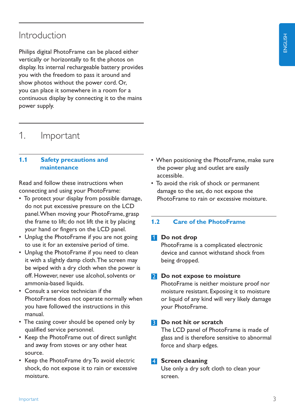 Content, Important, 1 safety precautions and maintenance | 2 care of the photoframe, Introduction | Philips 10FF2CMW-27B User Manual | Page 5 / 60