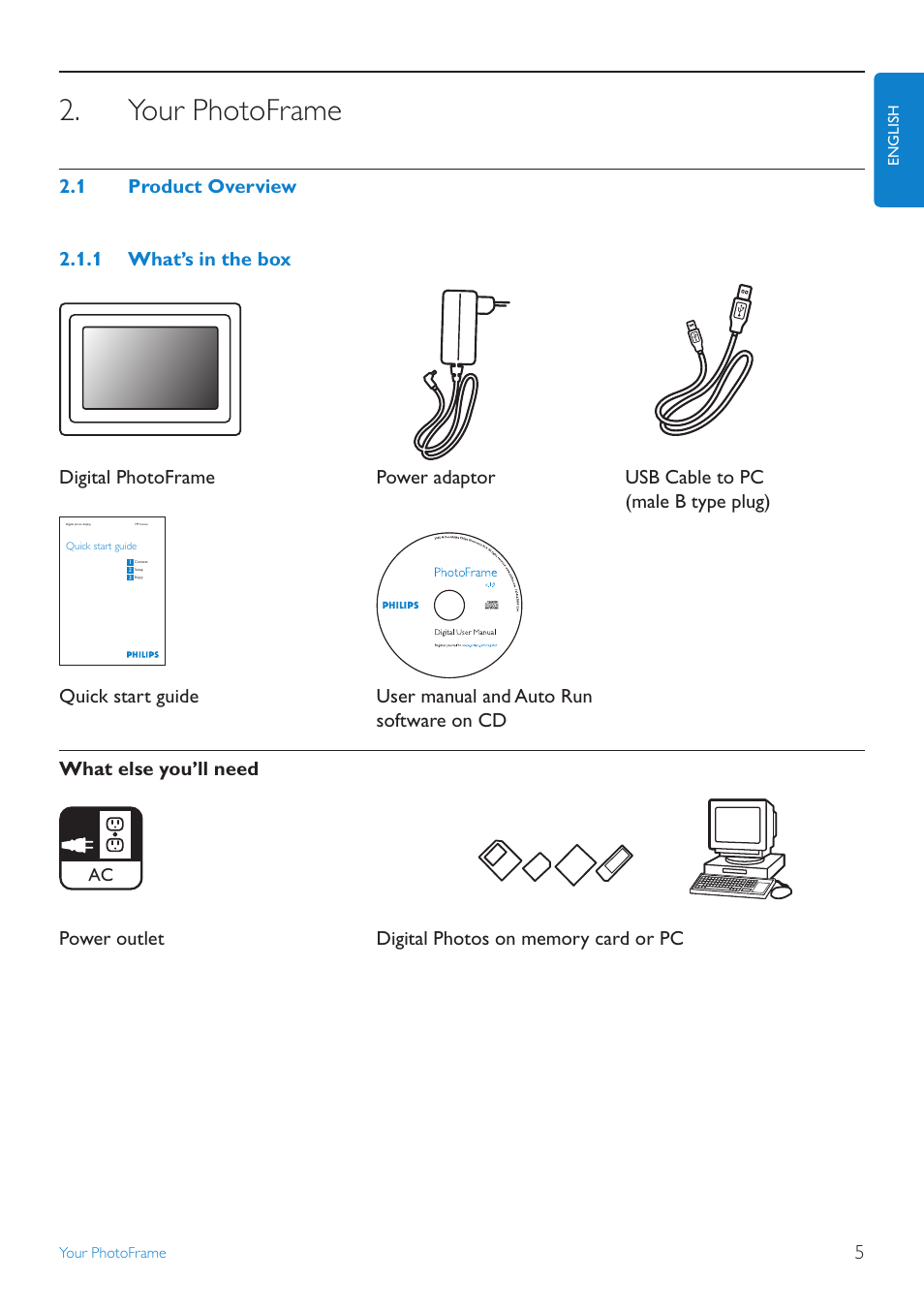 Your photoframe, 1 product overview | Philips 10FF2CMW-27B User Manual | Page 7 / 60