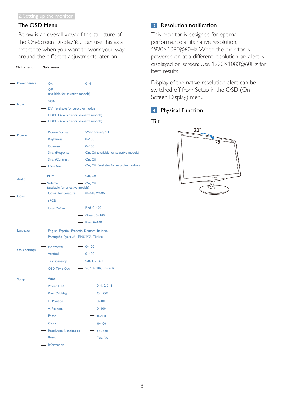 Setting up the monitor | Philips 237E3QPHSU-27 User Manual | Page 10 / 42