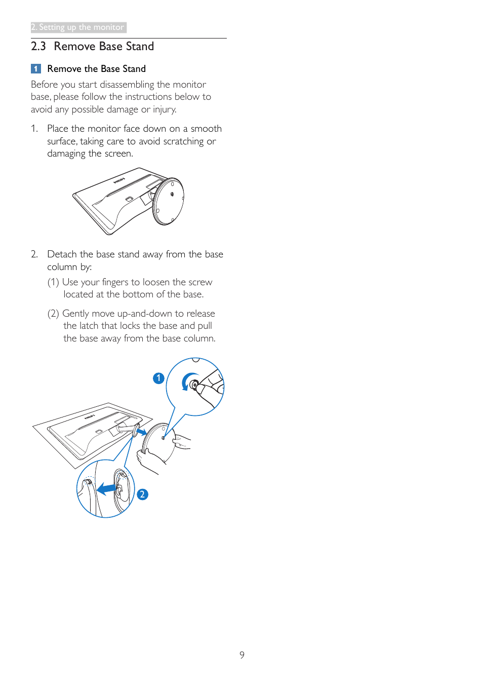 3 remove base stand | Philips 237E3QPHSU-27 User Manual | Page 11 / 42