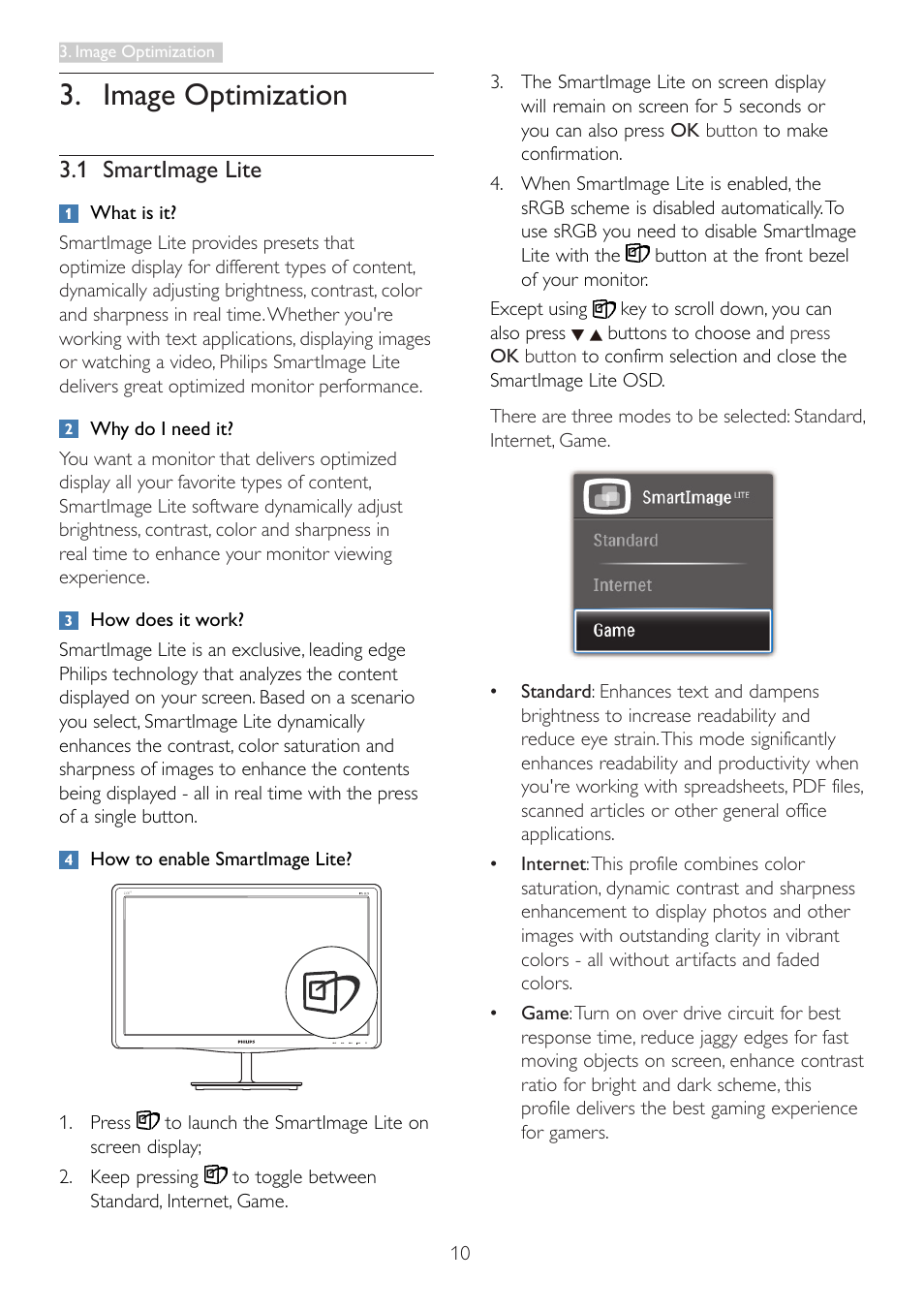 Image optimization, 1 smartimage lite | Philips 237E3QPHSU-27 User Manual | Page 12 / 42