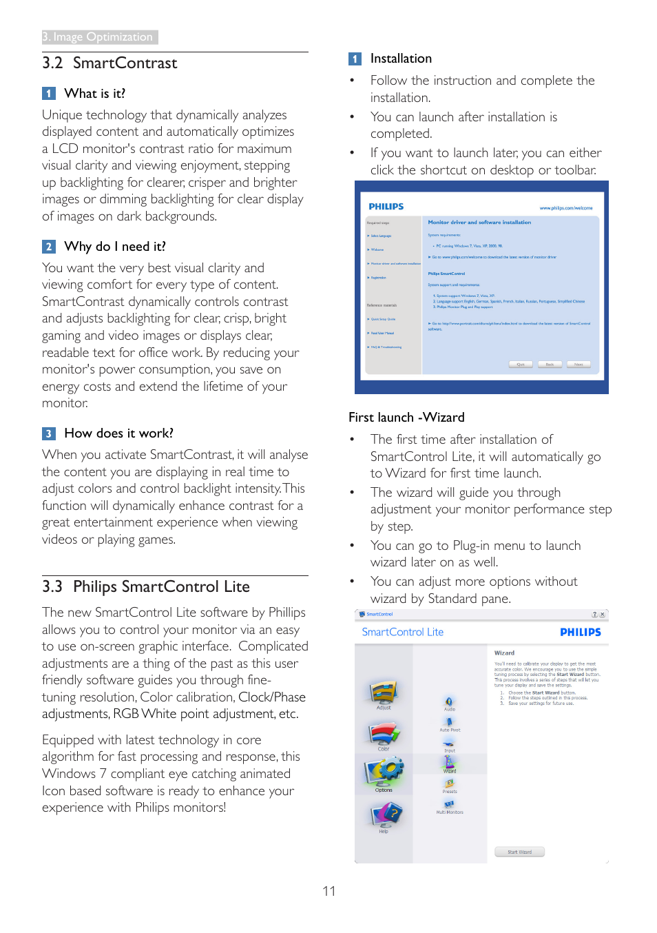 2 smartcontrast, 3 philips smartcontrol lite | Philips 237E3QPHSU-27 User Manual | Page 13 / 42