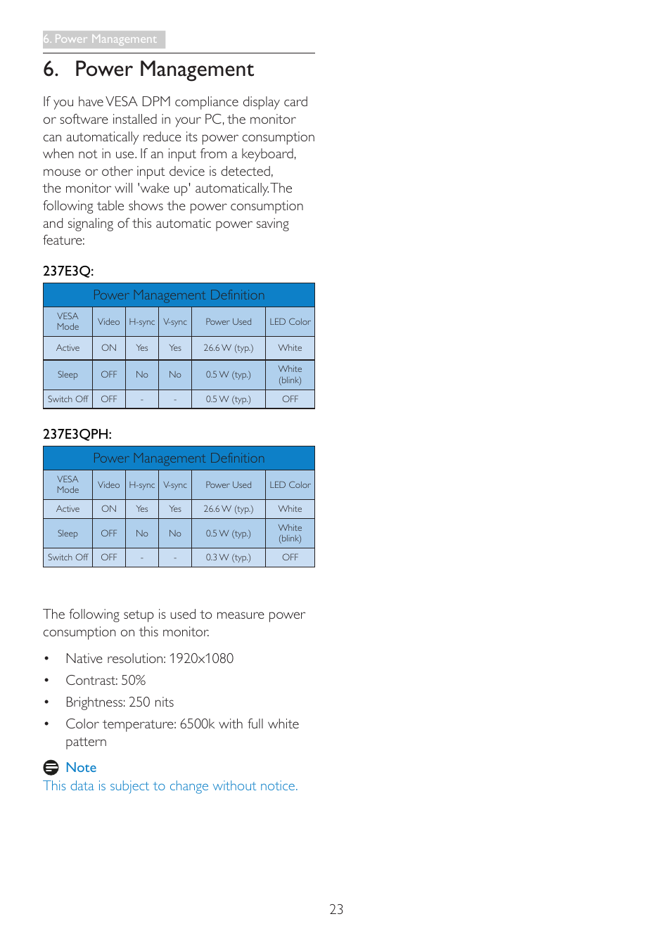 Power management, 237e3qph: power management definition | Philips 237E3QPHSU-27 User Manual | Page 25 / 42