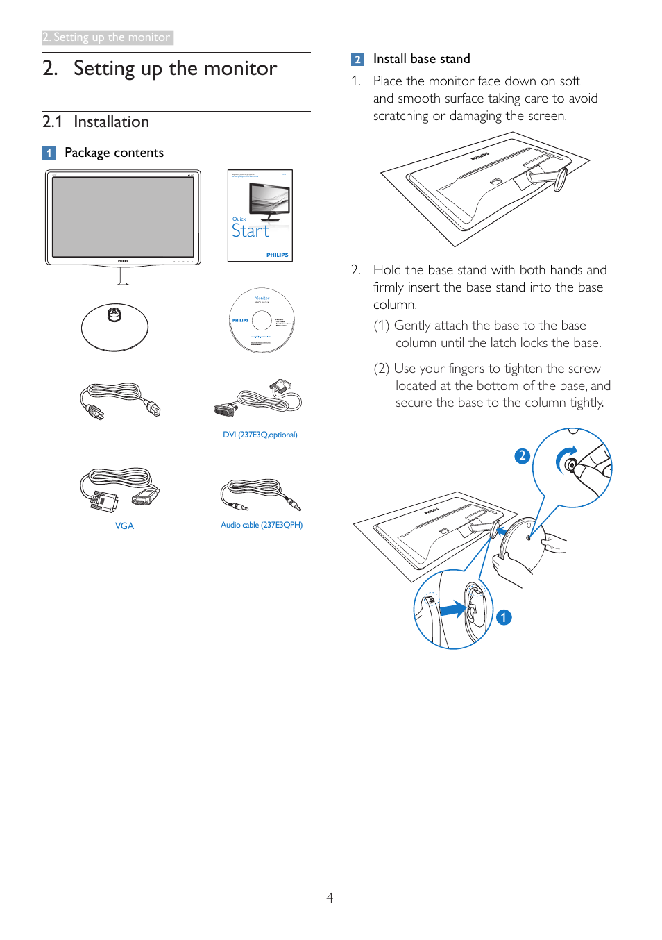 Setting up the monitor, Sta t r, 1 installation | Philips 237E3QPHSU-27 User Manual | Page 6 / 42