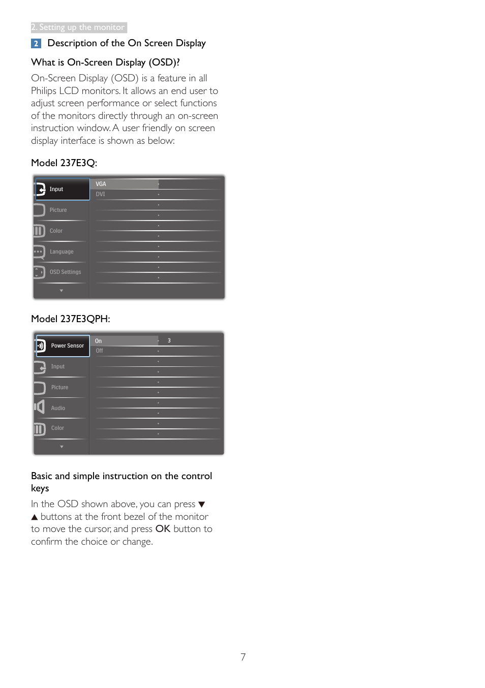 Model 237e3qph, Setting up the monitor | Philips 237E3QPHSU-27 User Manual | Page 9 / 42