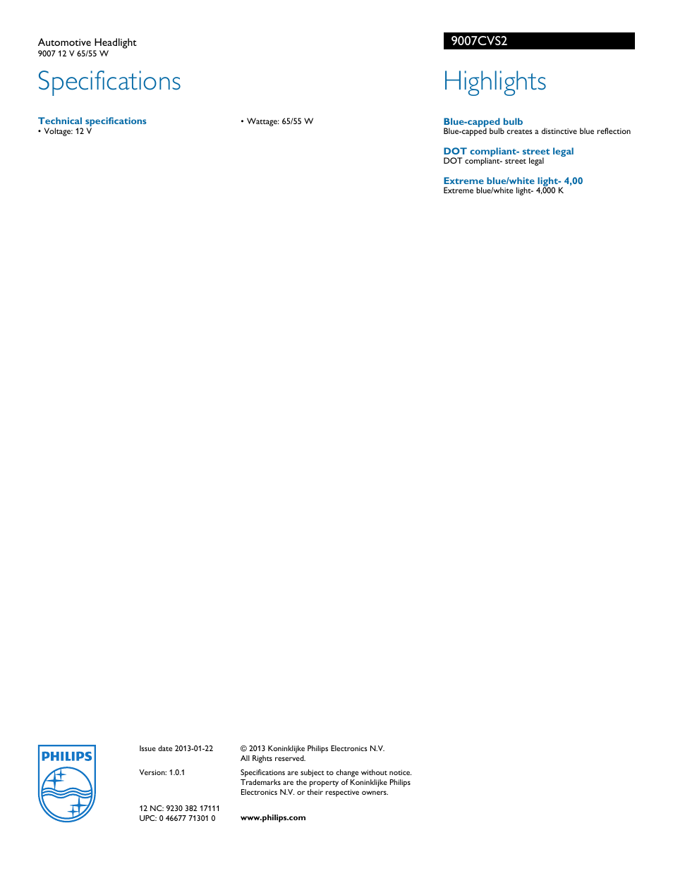 Specifications, Highlights | Philips 9007CVS2 User Manual | Page 2 / 2