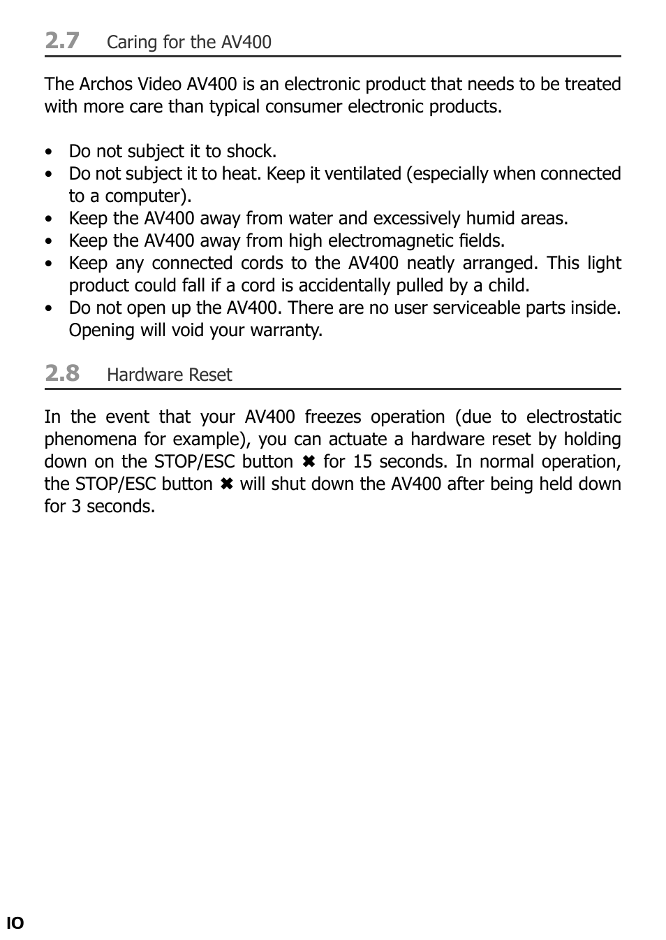 Caring for the av400, Hardware reset | ARCHOS AV420 User Manual | Page 10 / 80