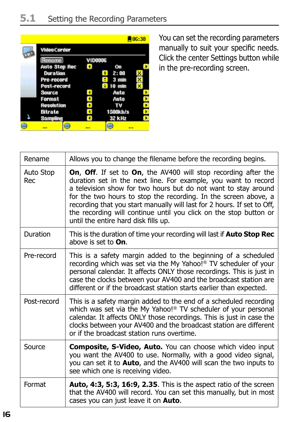Setting the recording parameters | ARCHOS AV420 User Manual | Page 16 / 80