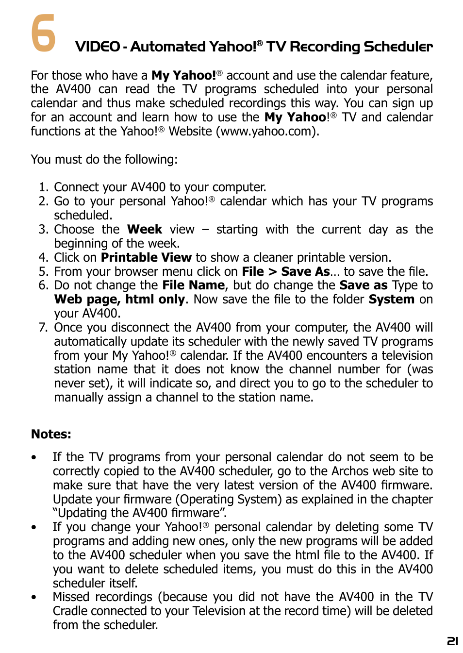 6 video - automated yahoo, Tv recording scheduler, Video - automated yahoo | ARCHOS AV420 User Manual | Page 21 / 80