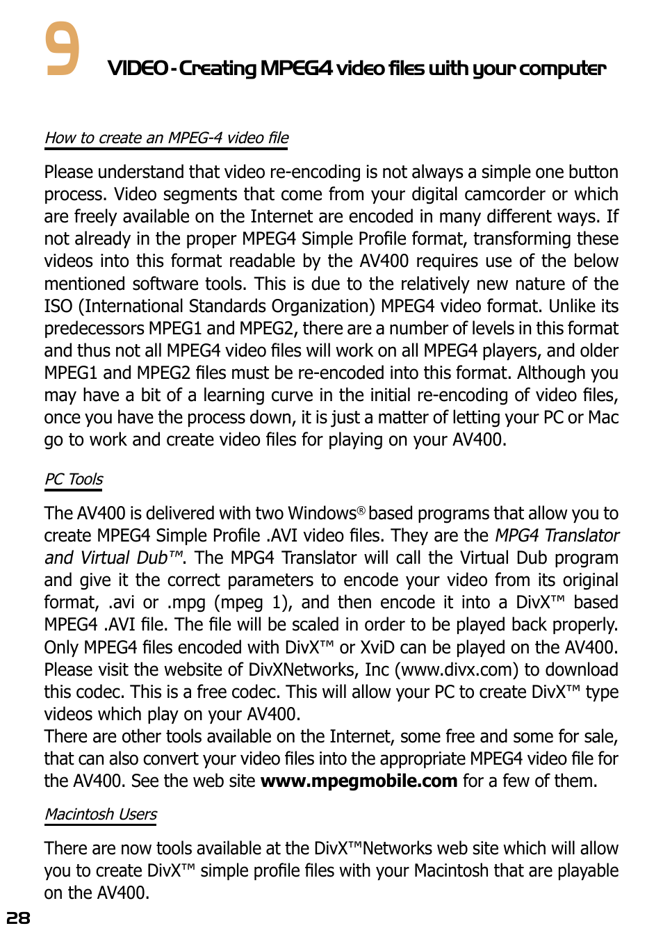 How to create an mpeg-4 video file, Pc tools, Macintosh users | ARCHOS AV420 User Manual | Page 28 / 80