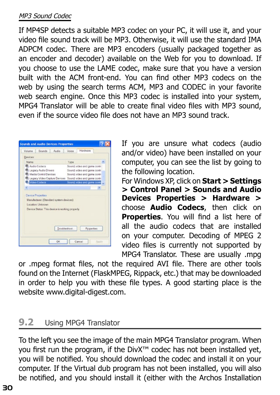 Mp3 sound codec, Using mpg4 translator | ARCHOS AV420 User Manual | Page 30 / 80