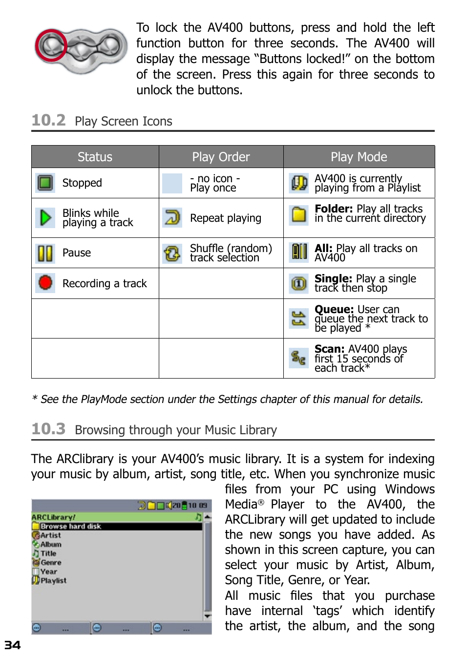 2 play screen icons, 3 browsing through your music library | ARCHOS AV420 User Manual | Page 34 / 80