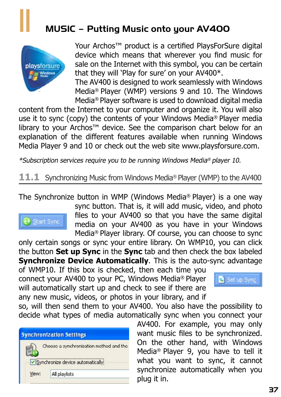 11 music – putting music onto your av400, 1 synchronizing music from windows media, Player (wmp) to the av400 | Music – putting music onto your av400 | ARCHOS AV420 User Manual | Page 37 / 80