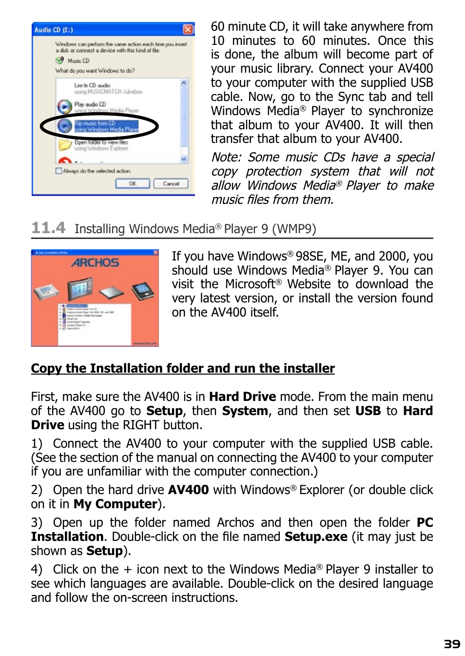4 installing windows media, Player 9 (wmp9) | ARCHOS AV420 User Manual | Page 39 / 80