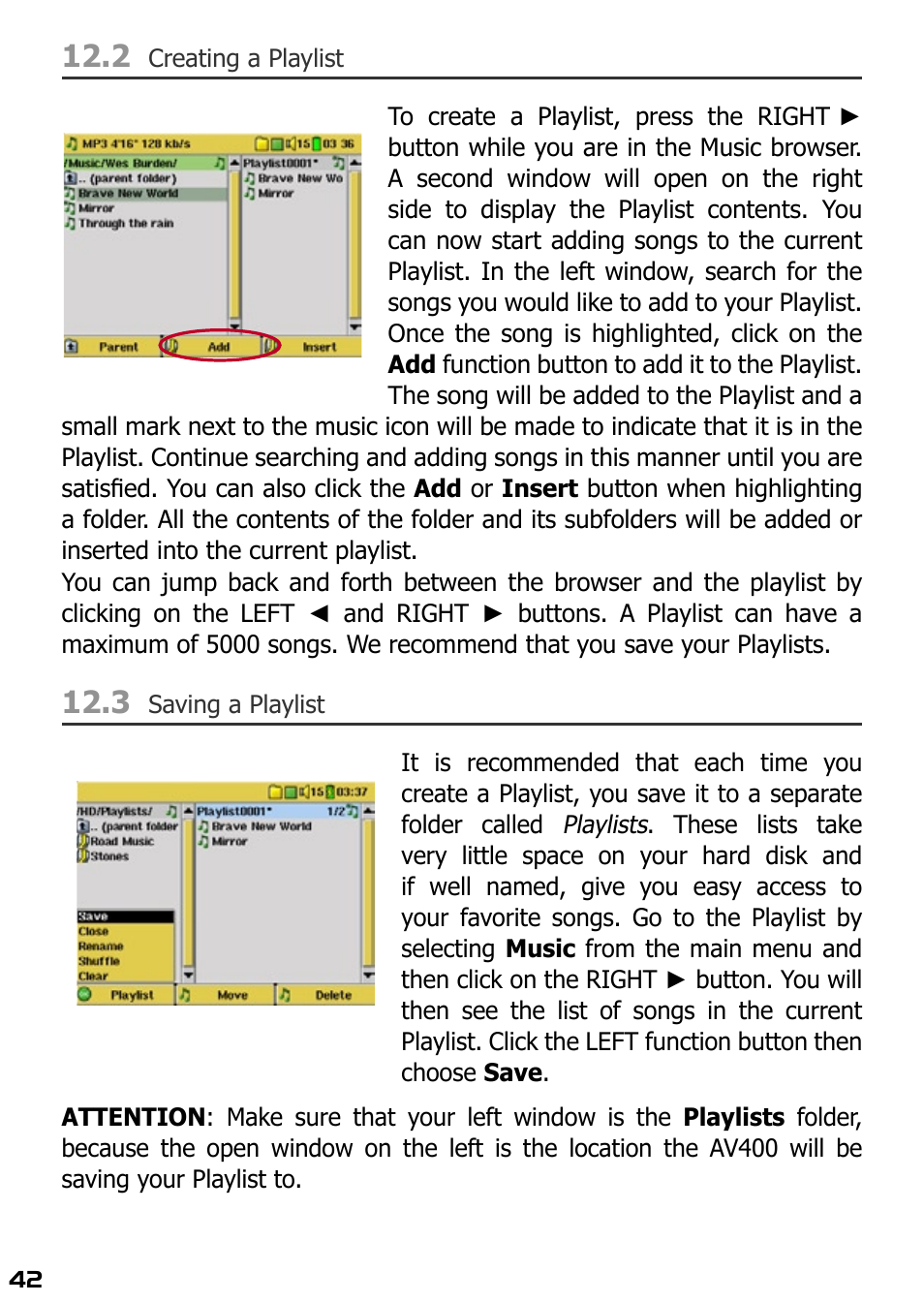 2 creating a playlist, 3 saving a playlist | ARCHOS AV420 User Manual | Page 42 / 80