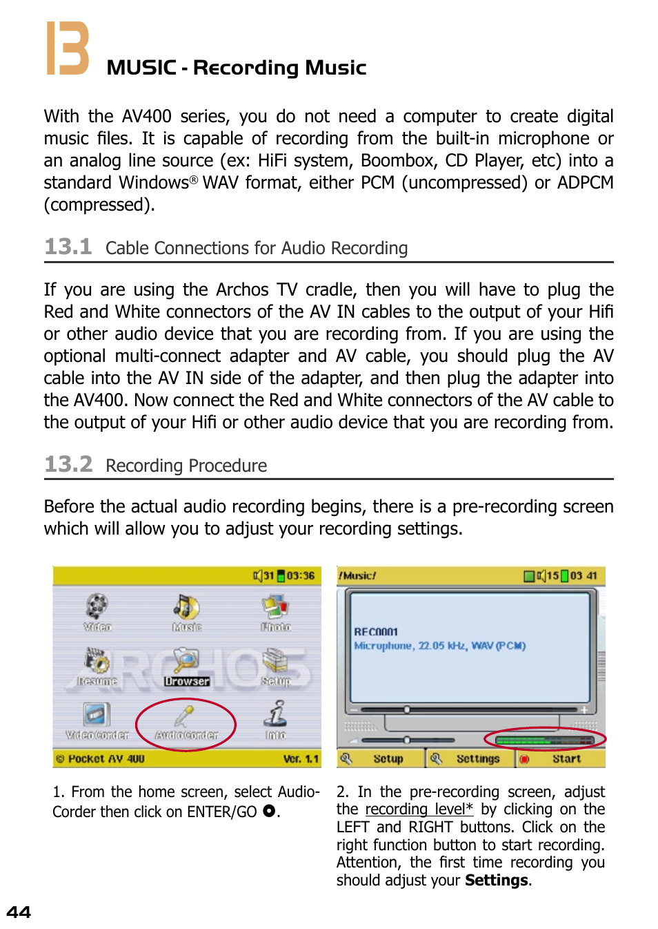13 music - recording music, 1 cable connections for audio recording, 2 recording procedure | ARCHOS AV420 User Manual | Page 44 / 80