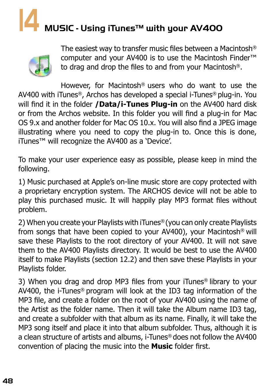 14 music - using itunes™ with your av400, Music - using itunes™ with your av400 | ARCHOS AV420 User Manual | Page 48 / 80