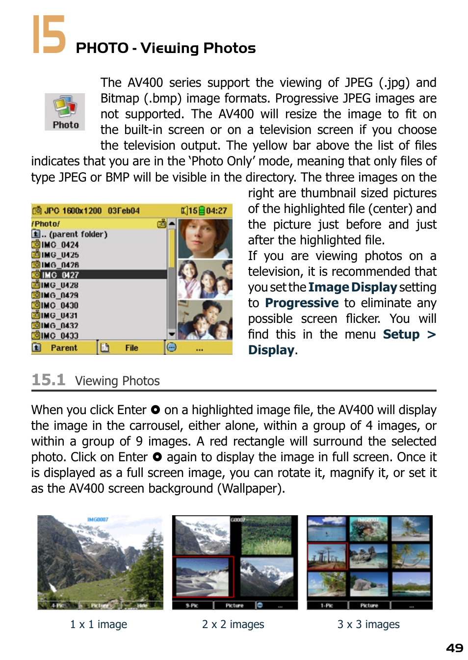 15 photo - viewing photos, 1 viewing photos | ARCHOS AV420 User Manual | Page 49 / 80
