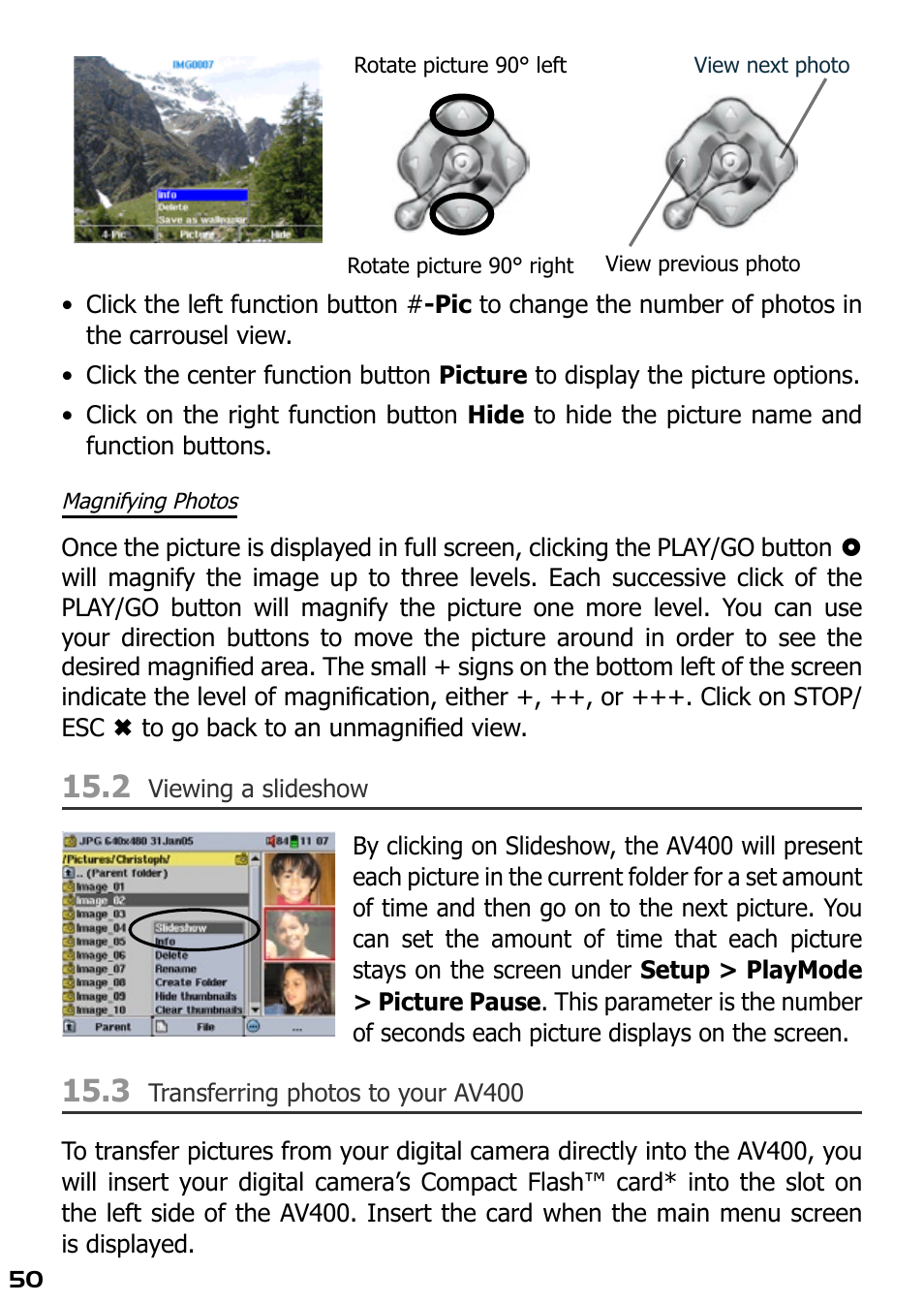 Magnifying photos, 2 viewing a slideshow, 3 transferring photos to your av400 | ARCHOS AV420 User Manual | Page 50 / 80