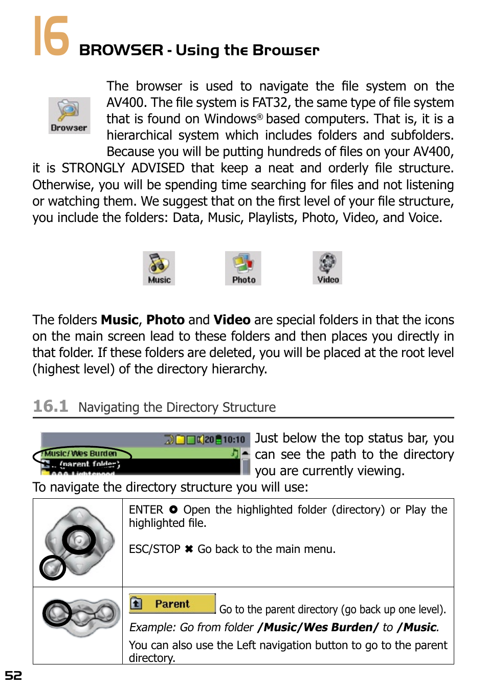 16 browser - using the browser, 1 navigating the directory structure | ARCHOS AV420 User Manual | Page 52 / 80