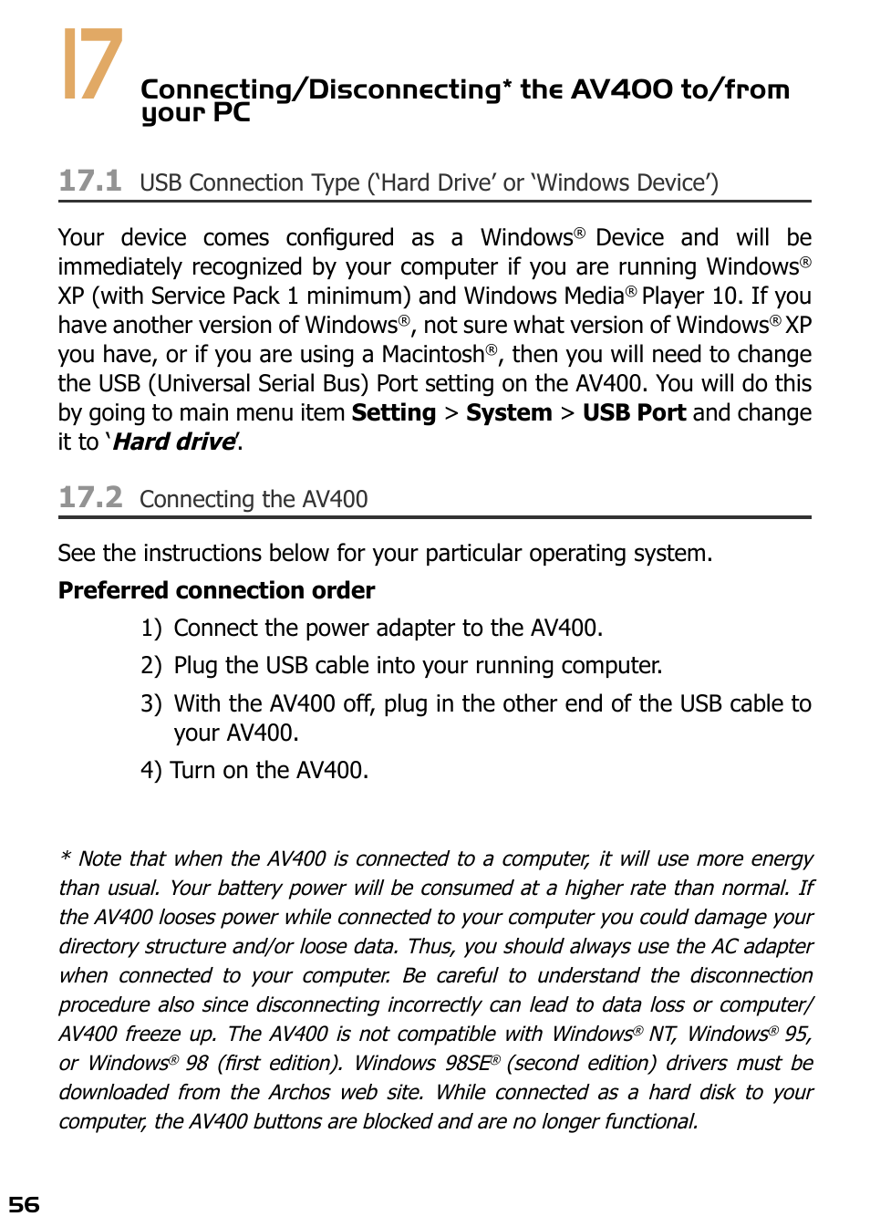 2 connecting the av400 | ARCHOS AV420 User Manual | Page 56 / 80