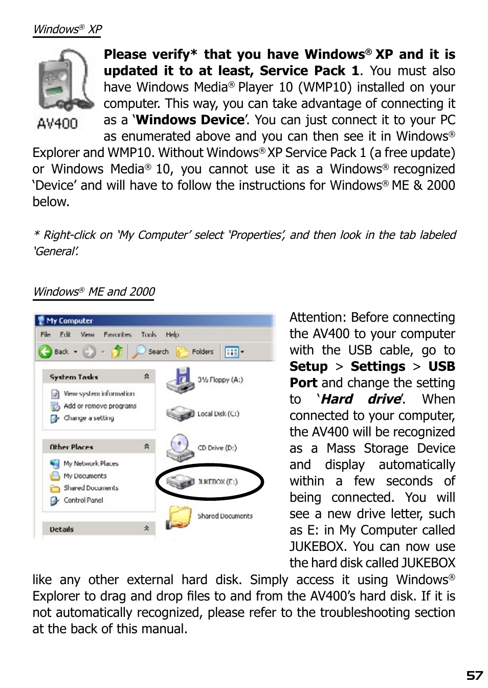 Windows, Me and 2000 | ARCHOS AV420 User Manual | Page 57 / 80