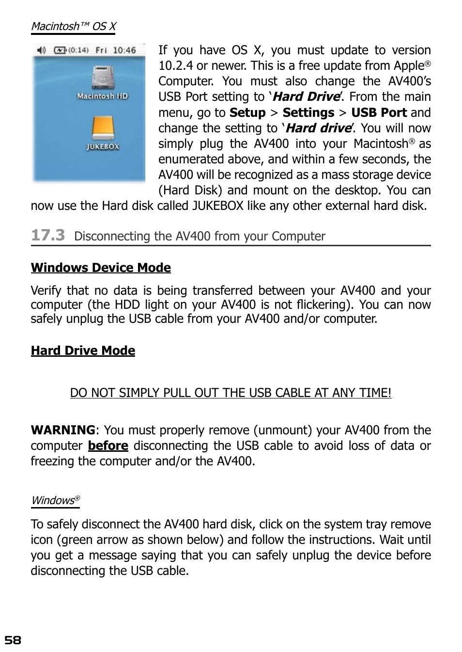 Macintosh™ os x, 3 disconnecting the av400 from your computer, Windows | ARCHOS AV420 User Manual | Page 58 / 80